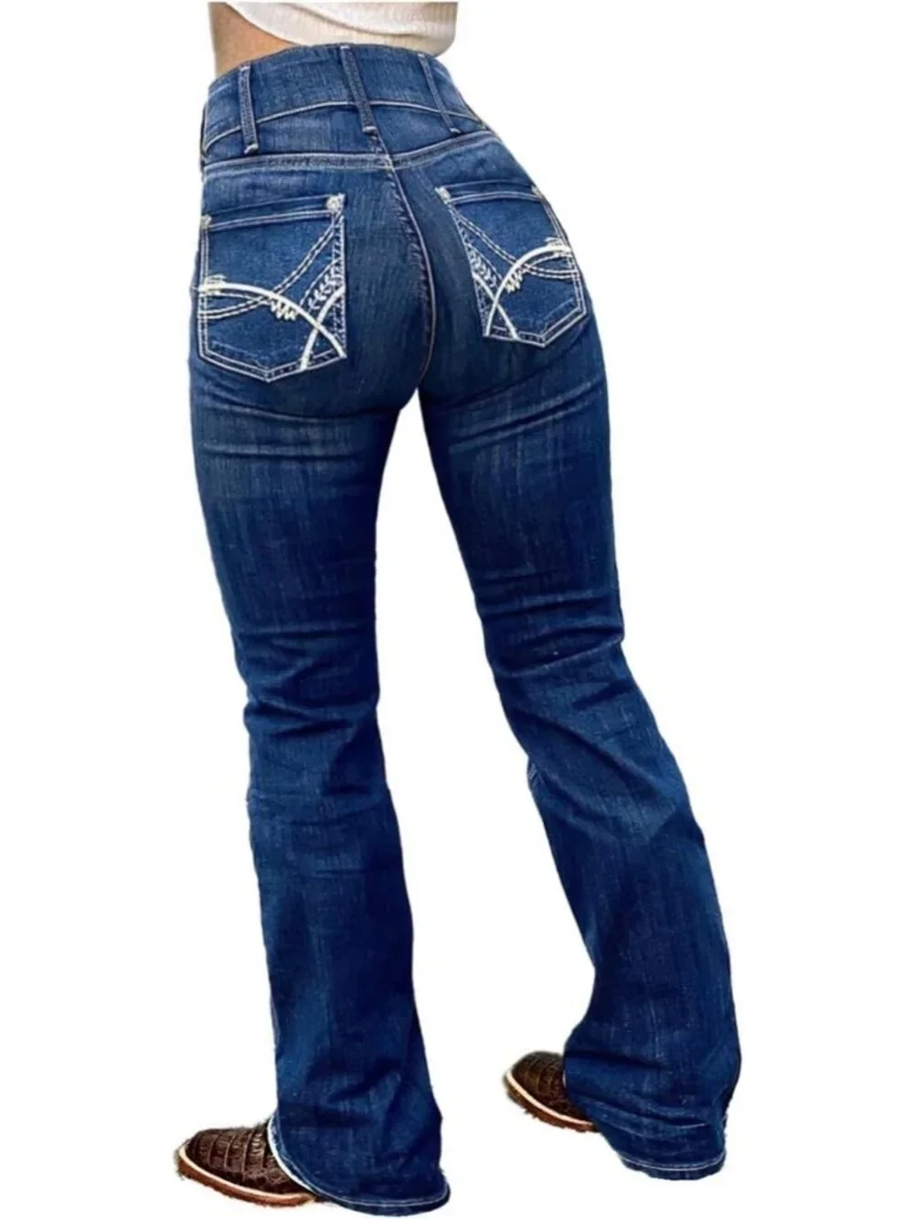 Women's Indigo Blue Pull On Mid Rise Flare Leg Zipper Lifting Bootcut Jeans